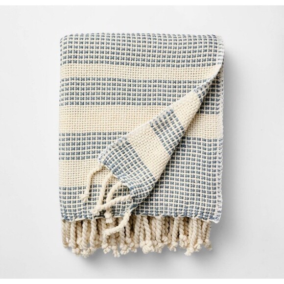 Threshold Studio McGee Decorative Throw Blanket Border Stripe Blue Cream 50"x60" - Picture 5 of 7